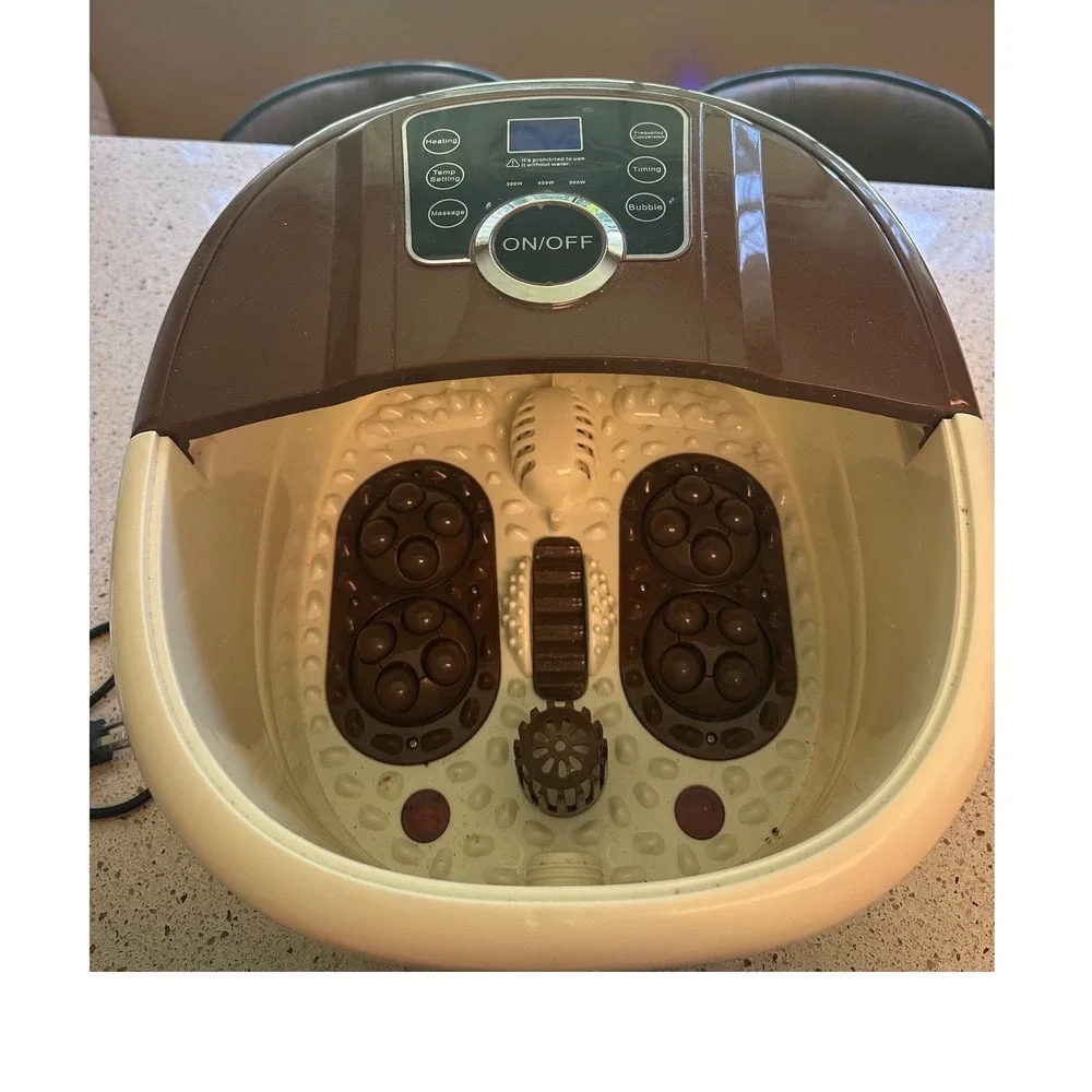 Electric Foot Spa Massager with Heat Bubbles and Motorized Massage Rollers Brown